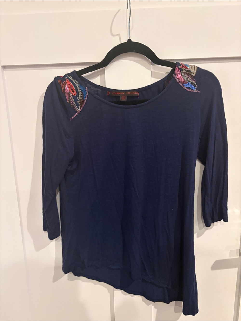 Embroidered Shoulder Navy Scoop-Neck Long Sleeve Top